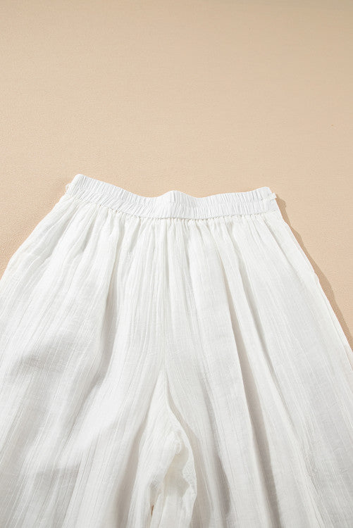 White Casual Elastic Back Waist Textured Wide Leg Lined Pants