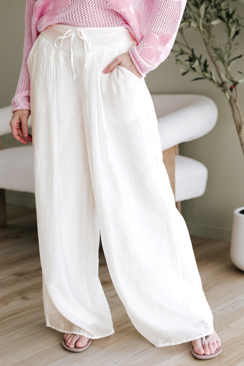 White Casual Elastic Back Waist Textured Wide Leg Lined Pants