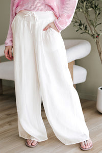 White Casual Elastic Back Waist Textured Wide Leg Lined Pants