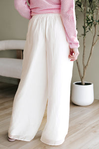 White Casual Elastic Back Waist Textured Wide Leg Lined Pants