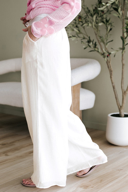 White Casual Elastic Back Waist Textured Wide Leg Lined Pants
