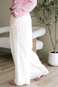 White Casual Elastic Back Waist Textured Wide Leg Lined Pants