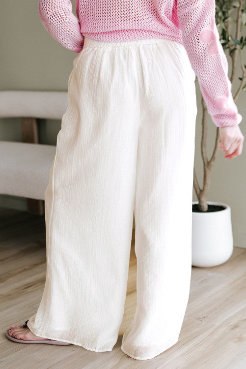 White Casual Elastic Back Waist Textured Wide Leg Lined Pants