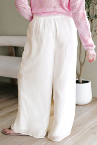 White Casual Elastic Back Waist Textured Wide Leg Lined Pants