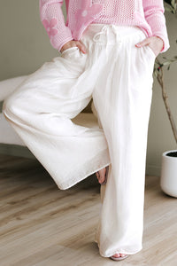 White Casual Elastic Back Waist Textured Wide Leg Lined Pants