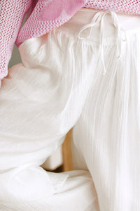 White Casual Elastic Back Waist Textured Wide Leg Lined Pants
