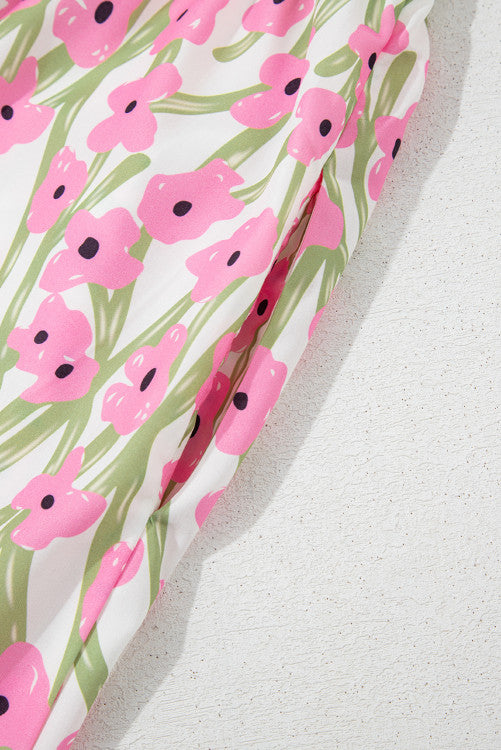 Pink Floral Print Square Neck Ruffled Maxi Sun Dress