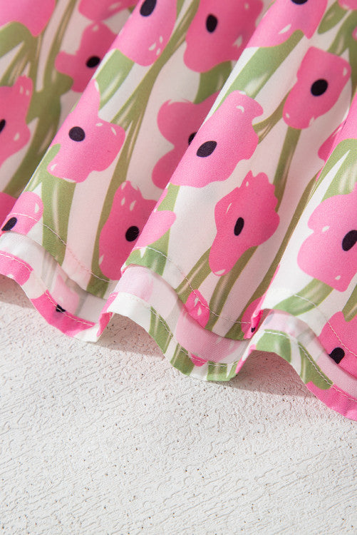 Pink Floral Print Square Neck Ruffled Maxi Sun Dress