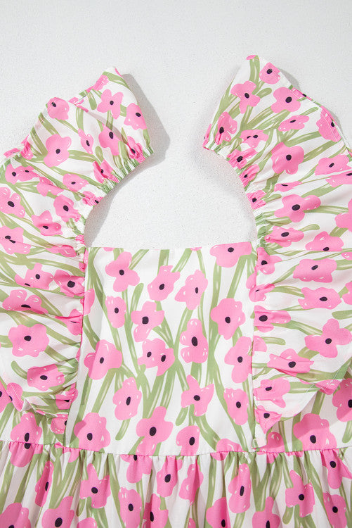 Pink Floral Print Square Neck Ruffled Maxi Sun Dress