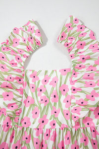 Pink Floral Print Square Neck Ruffled Maxi Sun Dress