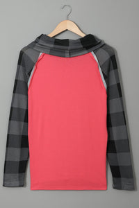 Black Plaid and Red Cowl-neck Exposed Seams Lightweight Pullover