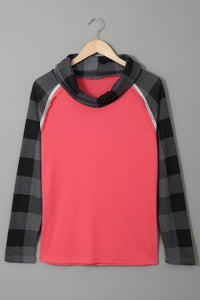 Black Plaid and Red Cowl-neck Exposed Seams Lightweight Pullover