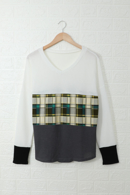 Green Plaid V-Neck Waffle Knit Long Sleeve Top