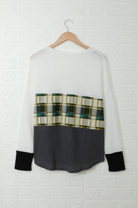 Green Plaid V-Neck Waffle Knit Long Sleeve Top