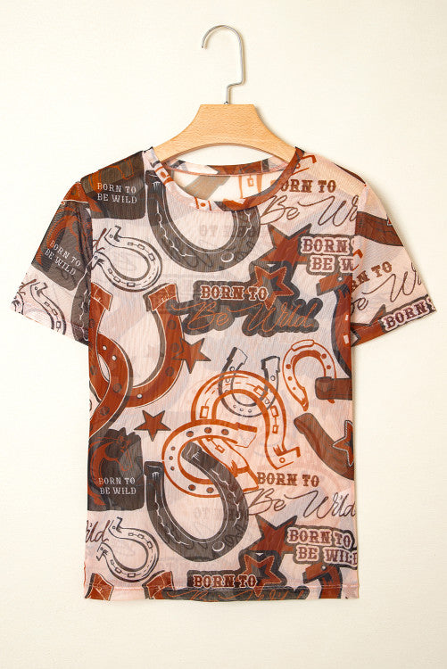 Brown Western Horseshoe Printed Mesh Tee