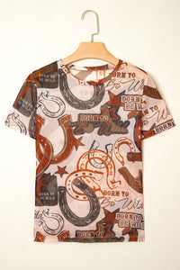 Brown Western Horseshoe Printed Mesh Tee