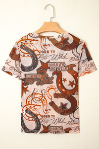 Brown Western Horseshoe Printed Mesh Tee