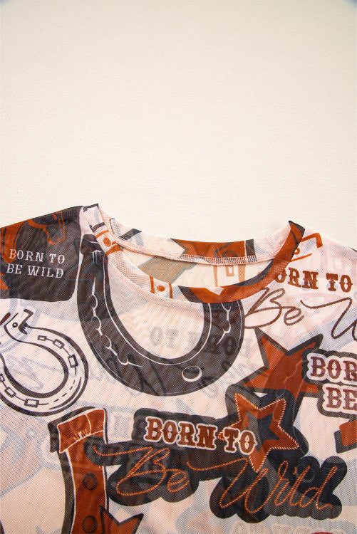 Brown Western Horseshoe Printed Mesh Tee