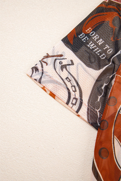Brown Western Horseshoe Printed Mesh Tee