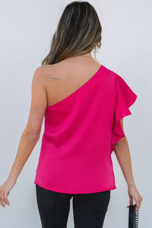 Fuchsia Pink Asymmetric One Shoulder Ruffle Sleeve Blouse