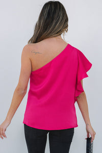 Fuchsia Pink Asymmetric One Shoulder Ruffle Sleeve Blouse