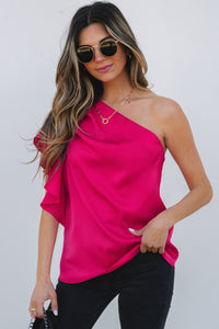 Fuchsia Pink Asymmetric One Shoulder Ruffle Sleeve Blouse