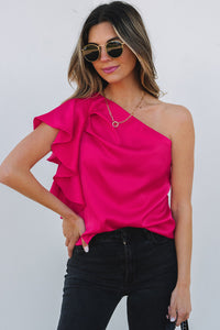 Fuchsia Pink Asymmetric One Shoulder Ruffle Sleeve Blouse