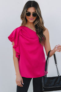 Fuchsia Pink Asymmetric One Shoulder Ruffle Sleeve Blouse