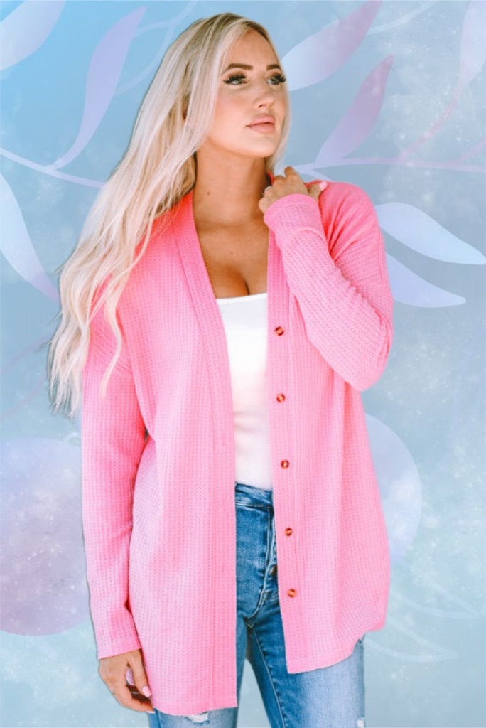 Pink Waffle Knit Button Up V-Neck Cardigan