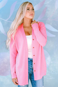 Pink Waffle Knit Button Up V-Neck Cardigan