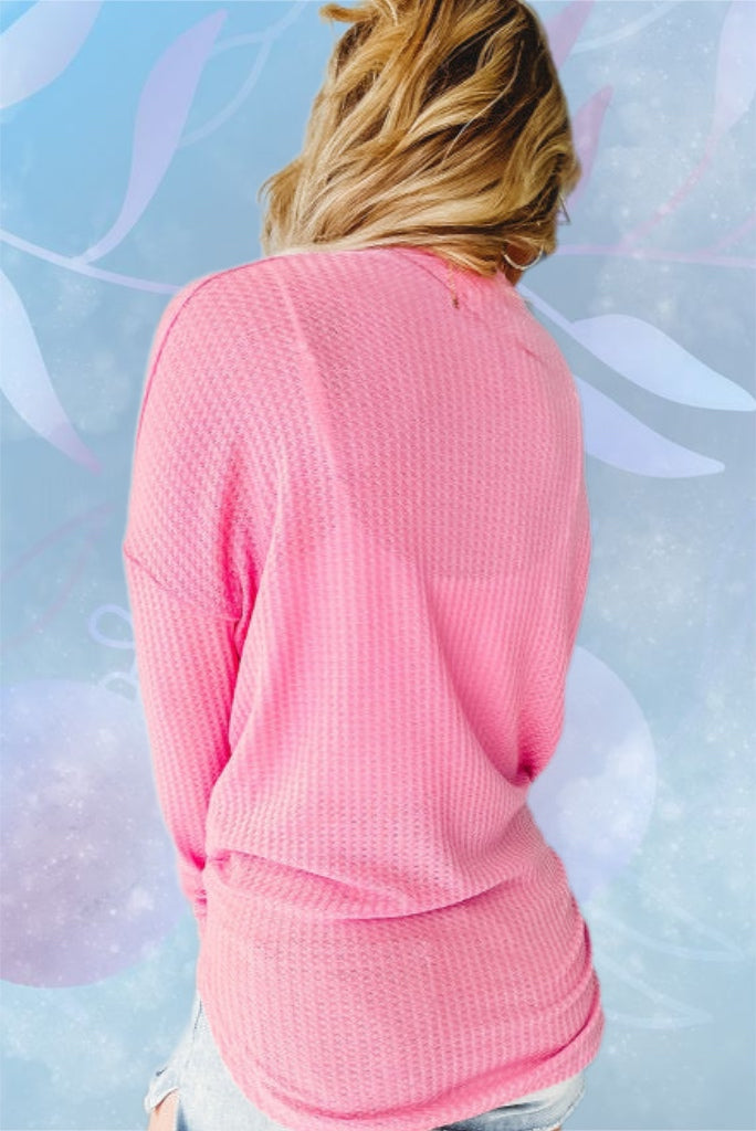 Pink Waffle Knit Button Up V-Neck Cardigan