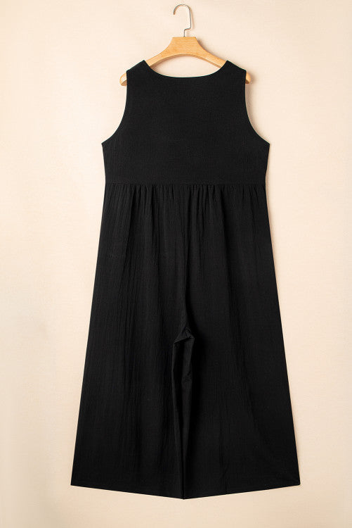 Black Plus Size Textured Sleeveless Button Front Wide Leg Jumpsuit