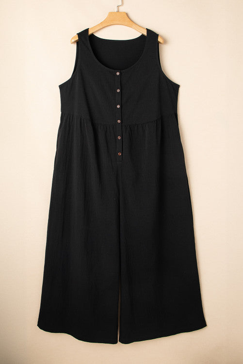 Black Plus Size Textured Sleeveless Button Front Wide Leg Jumpsuit