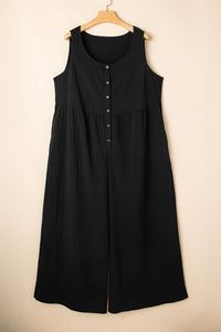 Black Plus Size Textured Sleeveless Button Front Wide Leg Jumpsuit
