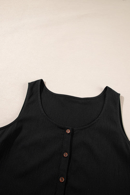 Black Plus Size Textured Sleeveless Button Front Wide Leg Jumpsuit
