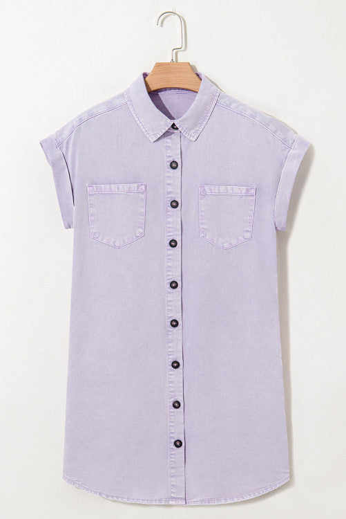 Lavender Short Sleeve Button Down Denim Shirt Dress