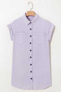 Lavender Short Sleeve Button Down Denim Shirt Dress