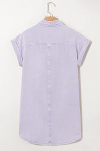 Lavender Short Sleeve Button Down Denim Shirt Dress
