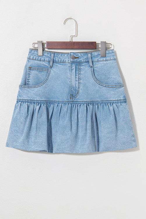 Light Wash Ruffled Hem Denim Mini Skirt