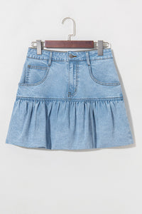 Light Wash Ruffled Hem Denim Mini Skirt