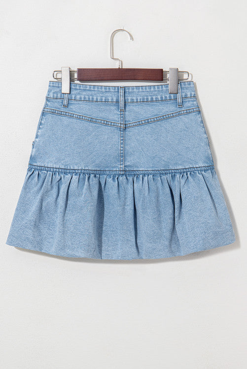 Light Wash Ruffled Hem Denim Mini Skirt