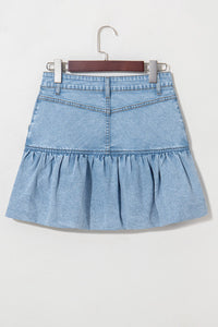 Light Wash Ruffled Hem Denim Mini Skirt