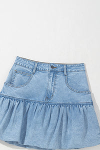 Light Wash Ruffled Hem Denim Mini Skirt