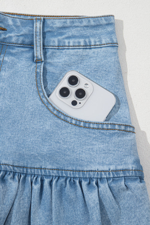 Light Wash Ruffled Hem Denim Mini Skirt