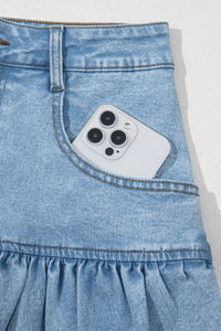 Light Wash Ruffled Hem Denim Mini Skirt