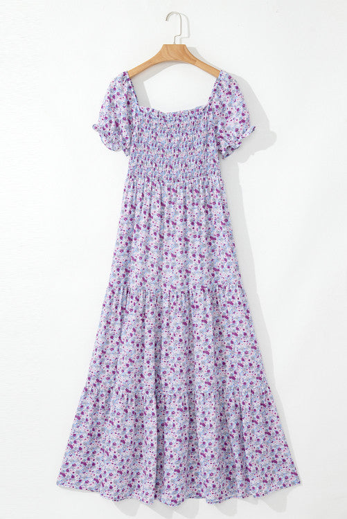 Lavender Floral Ruffly Short Sleeve Smocked Maxi Dress