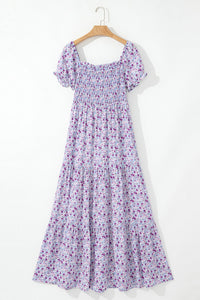 Lavender Floral Ruffly Short Sleeve Smocked Maxi Dress