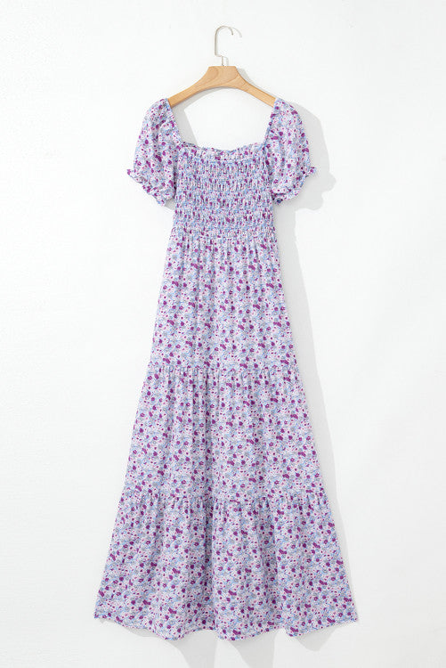 Lavender Floral Ruffly Short Sleeve Smocked Maxi Dress