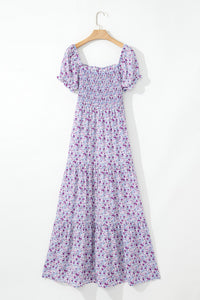 Lavender Floral Ruffly Short Sleeve Smocked Maxi Dress