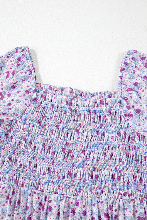Lavender Floral Ruffly Short Sleeve Smocked Maxi Dress
